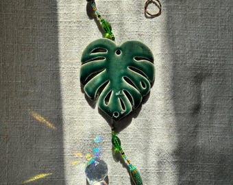 Hand Carved Pottery Monstera Sun Catcher, Crystal Prism Rainbow Maker