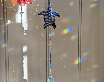 Sea Turtle with Crystals Sun Catcher, Crystal Prism Rainbow Maker, North Carolina Pottery