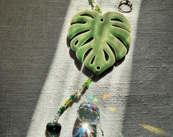 Jade Monstera Sun Catcher, North Carolina Pottery by Dawn Tagawa, Crystal Prism Rainbow Maker