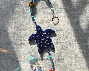 Sea Turtle with Rainbow Fish Sun Catcher, Crystal Prism Rainbow Maker, North Carolina Pottery