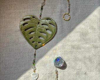 Swiss Cheese Monstera Sun Catcher, North Carolina Pottery by Dawn Tagawa, Rainbow Chakra
