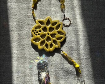 Yellow Hibiscus Sun Catcher, North Carolina Pottery by Dawn Tagawa, Crystal Prism Rainbow Maker