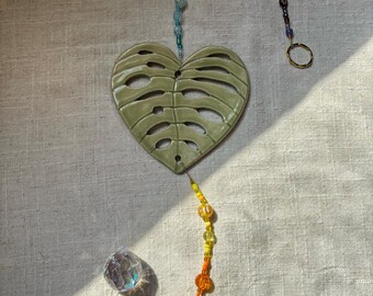 Rainbow Chakra Monstera Sun Catcher, Hand Made North Carolina Pottery by Dawn Tagawa