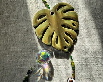Olive Green Monstera Sun Catcher, North Carolina Pottery by Dawn Tagawa, Crystal Prism