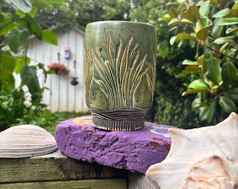 Ivy Green Cattail Pottery Vase, North Carolina Pottery by Dawn Tagawa