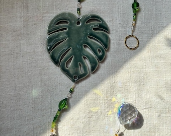 Monstera Pottery Sun Catcher, Hand Made North Carolina Pottery by Dawn Tagawa