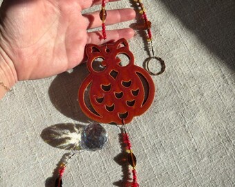 Owl Sun Catcher, North Carolina Pottery by Dawn Tagawa, Crystal Prism Rainbow Maker