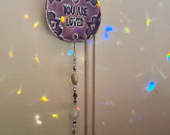 Purple Pottery Sun Catcher, Hand Beaded, North Carolina Clay, Rainbow Prism