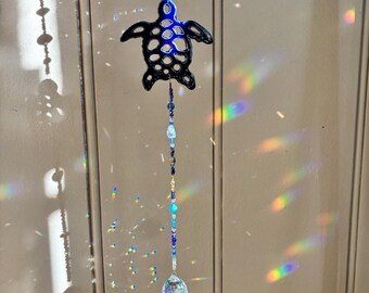 Sea Turtle with Ocean Crystal Sun Catcher, Crystal Prism Rainbow Maker, North Carolina Pottery