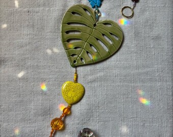 Hand Carved Pottery Monstera Leaf Rainbow Sun Catcher, Beaded Rainbow Maker