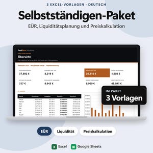 Puede incluir: Un paquete de hojas de cálculo digitales titulado Selbstständigen-Paket que incluye tres plantillas de Excel para el seguimiento financiero. La pantalla muestra un panel con columnas de ingresos, gastos y beneficios, junto con un gráfico de barras e iconos de Excel y Google Sheets.