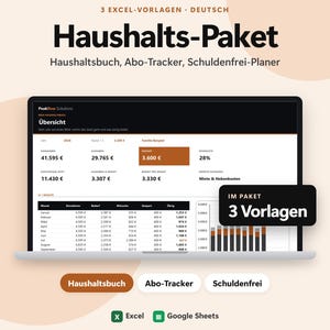 Può includere: Un pacchetto digitale per il budget familiare con tre modelli Excel, tra cui un libro contabile, un tracker per gli abbonamenti e un pianificatore per l'estinzione dei debiti. Lo schermo mostra una dashboard finanziaria con tabelle e dati.
