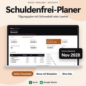 以下が含まれることがあります： Schuldenfrei-PlanerというタイトルのExcelテンプレート。スノーボール法またはアバランチ法による返済計画、債務概要、利息、2028年11月の完済予定日を示すグラフ、およびExcelとGoogleスプレッドシートのアイコンが表示されています。