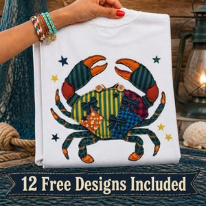 May include: White t-shirt featuring a colorful crab design with patchwork details and star accents. The crab has striped and plaid patterns, with orange and green accents. The text "12 Free Designs Included" is at the bottom.
