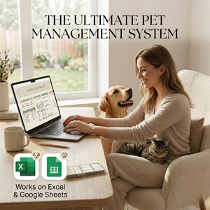 May include: A woman working on a laptop with a spreadsheet, with a golden retriever and a tabby cat nearby. The text reads "THE ULTIMATE PET MANAGEMENT SYSTEM" and "Works on Excel & Google Sheets". A mug, pen, and phone are on the desk.