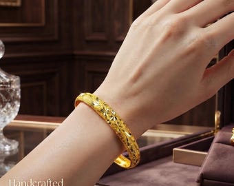 24-karaats massief gouden armband, luxe gegraveerde, stevige armband, handgemaakte damessieraden, elegant cadeau voor haar, puur gouden armband