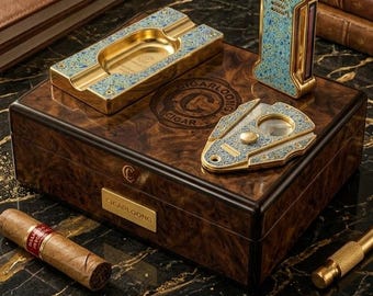 Set di accessori per sigari di lusso | Posacenere, accendino e tagliasigari oro e blu | Regalo premium per testimoni dello sposo, confezione regalo di lusso per fumatori di sigari