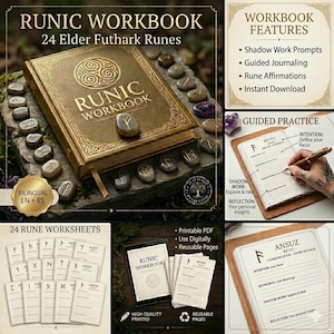 Puede incluir: Un cuaderno de ejercicios rúnicos con 24 runas Elder Futhark, que incluye un libro dorado, runas de piedra y hojas de trabajo imprimibles. El cuaderno contiene secciones para trabajo de sombra, diario guiado y afirmaciones rúnicas con texto.
