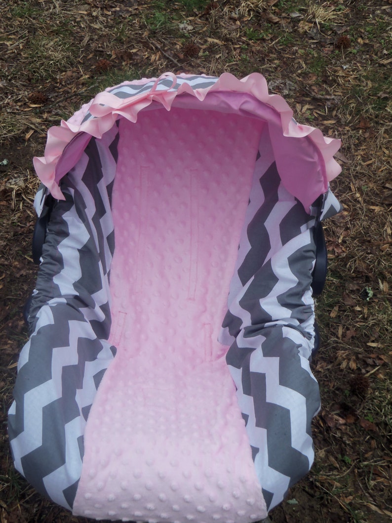 Pink Grey Chevron Stripe light pink minky baby car seat