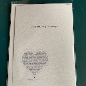 May include: A white card with a heart-shaped design made of text. The text is a poem about friendship. The card has the text "etsy.com/shop/519design" at the top.