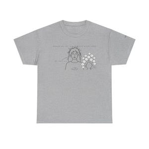 Puede incluir: Camiseta gris jaspeado con un dibujo lineal negro. El gráfico representa a una mujer con una expresión agotada y un diagrama titulado "Parenting 101: The Infinite Guilt Loop". El diagrama incluye bocadillos y texto.