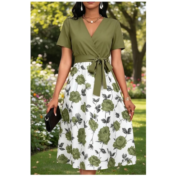 floral a line dress knee length A-Line – Knee-Length V-Neck Casual Summer Dress with Short Sleeves for Women pleat Halter tie neck backless Color:Twilight Features a crew neck