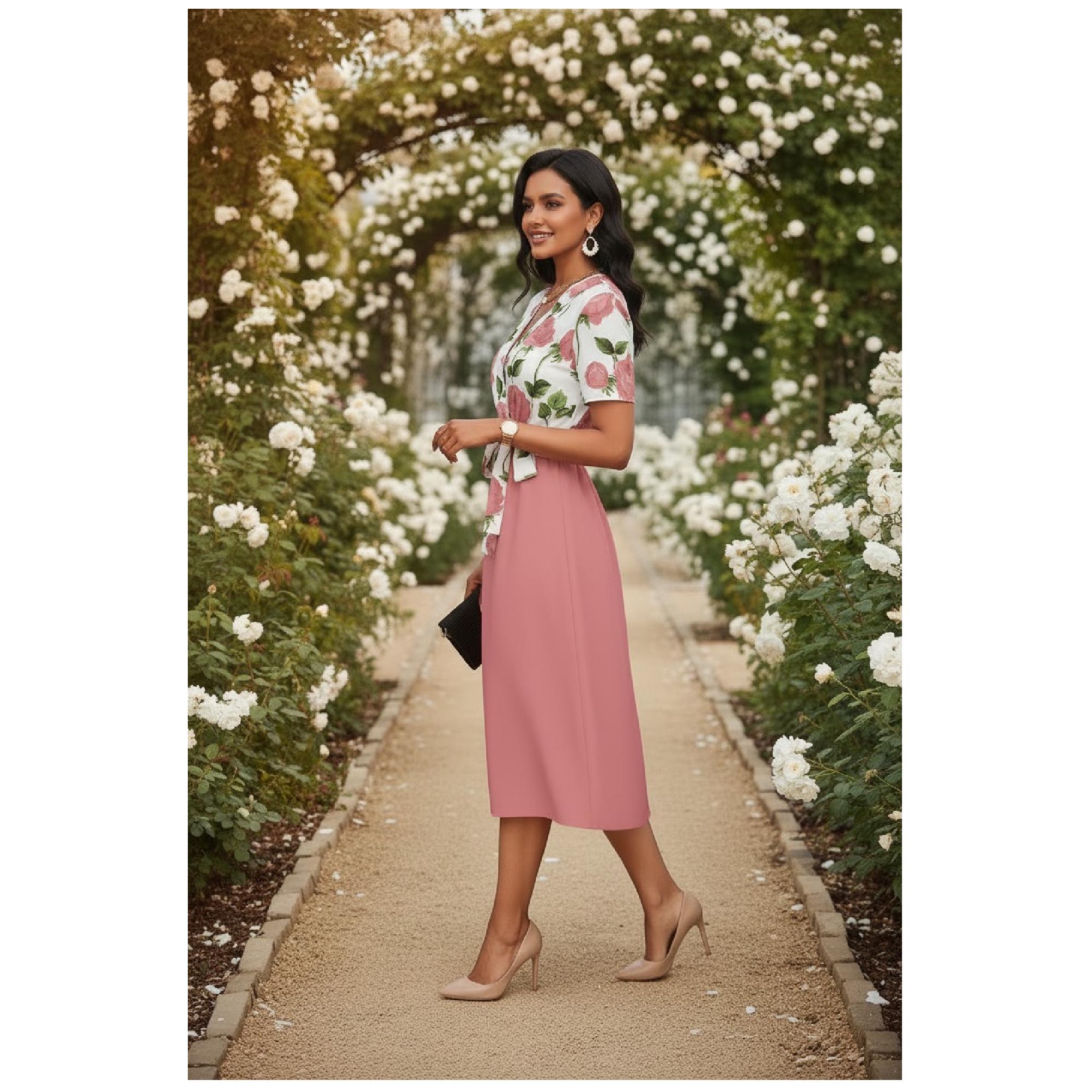 Floral A-line Dress – Knee-length V-neck Casual Summer Dress With Short Sleeves for Women