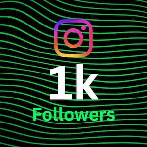 Puede incluir: Logotipo de Instagram con degradado de colores, seguido del texto "1k Followers" en blanco y verde. El fondo presenta líneas onduladas verdes sobre una superficie negra.