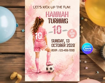 Rosa fotbollsfödelsedagsinbjudan, flicksportfestinbjudan, akvarelldesign (digital nedladdning)