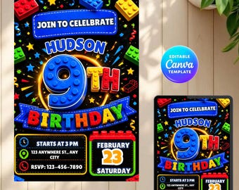 Inbjudan till 9-årsdags byggklossar, redigerbar Canva-mall (digital nedladdning)
