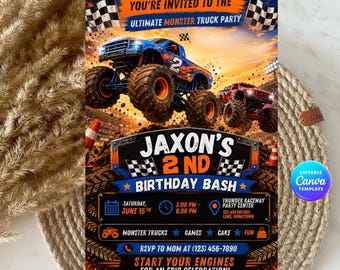 Redigerbar Monster Truck-festinbjudan, racingfödelsedagsinbjudan för pojkar, omedelbar nedladdning