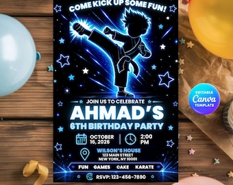 Redigerbar neon karate födelsedagsinbjudan, mall för ninja kampsportsfest (digital nedladdning)