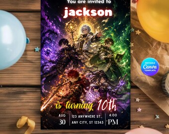 Anime-inbjudan, Magic Warrior-festinbjudan, redigerbar mall (digital nedladdning)