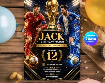Inbjudan till fotbolls-VM 2026, fotbollsevenemang, redigerbar Canvas-mall