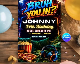 Inbjudan till 17-årsdag för Gamer Movie Night, Neon Gaming Party (digital nedladdning)
