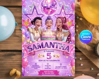 Kpop Demon Hunters birthday invitation, editable Canva, disco glow printable digital download