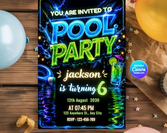 Inbjudan till poolparty med glödande motiv, pojkars 6-årsdag, Canva-mall direkt