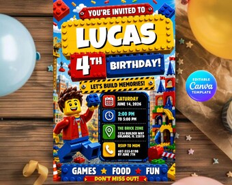4th Building Blocks Invitation, Bricks Theme Party Invite, Editable Kids Birthday Template