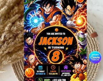 Dragon Ball-födelsedagsinbjudan, Anime Action-festinbjudan, redigerbar Canvas-mall (digital nedladdning)