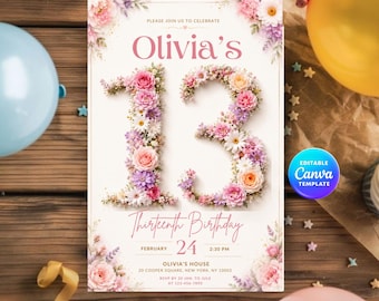 Mall för blommig 13-årsdagsinbjudan, rodnande rosa blommor (digital nedladdning)