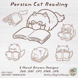 Persian Cat Reading Book SVG Bundle, 6 Hand Drawn Outline Cut Files (Digital Download)