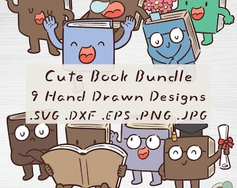 Paquete de imágenes prediseñadas de libros dibujados a mano, 9 diseños kawaii de lectura (descarga digital)