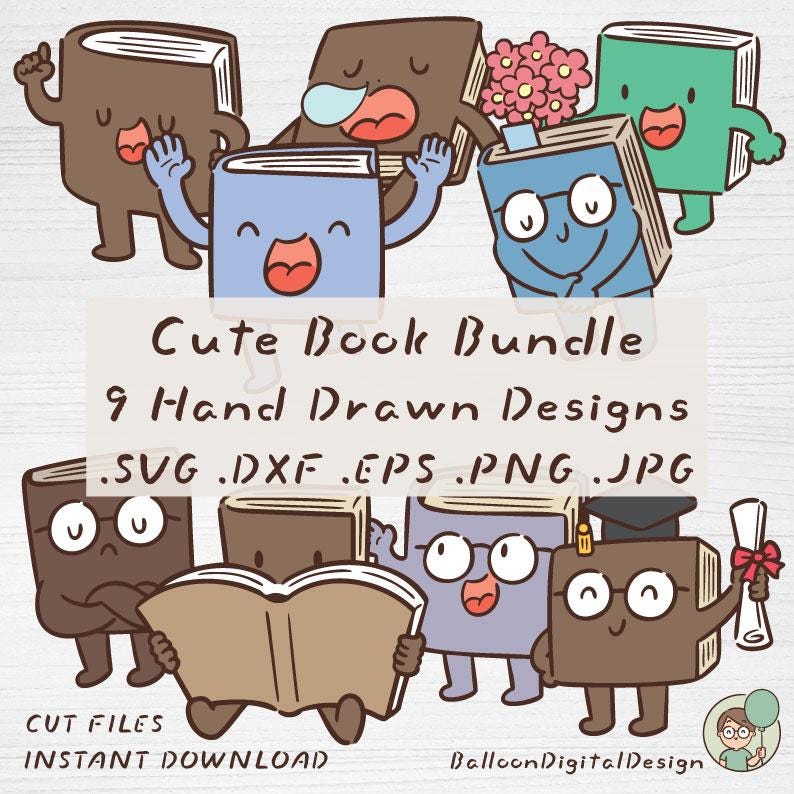 Hand Drawn Book Cartoon Clipart Bundle, 9 Kawaii Reading Designs (Digital Download)
