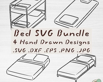 Paquete de archivos SVG para camas, 4 archivos de corte con contornos de muebles de dormitorio dibujados a mano (descarga digital)