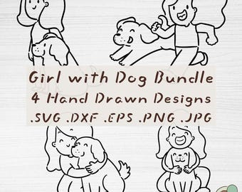 Paquete de imágenes de una niña con un perro, 4 diseños de contorno dibujados a mano (descarga digital)