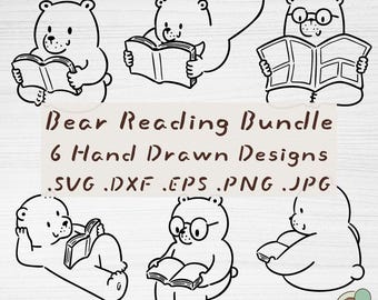 Bear Reading SVG Bundle, 6 Hand Drawn Outline Clipart, Book Lover Cut Files (Digital Download)