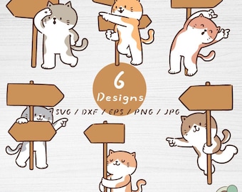 Paquete de archivos SVG de señales de dirección para gatos, 6 archivos de imágenes prediseñadas de gatitos kawaii (descarga digital)
