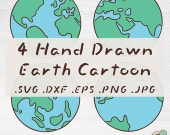 Paquete de imágenes SVG de dibujos animados de la Tierra dibujados a mano, 4 diseños, imágenes prediseñadas del Día de la Tierra (descarga digital)