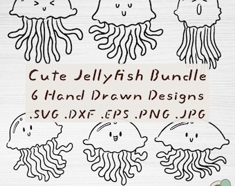Paquete de medusas, 6 diseños dibujados a mano, archivos de corte SVG con contorno (descarga digital)