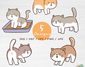 Paquete de 5 imágenes SVG de gatos kawaii orinando, imágenes prediseñadas de areneros (descarga digital)